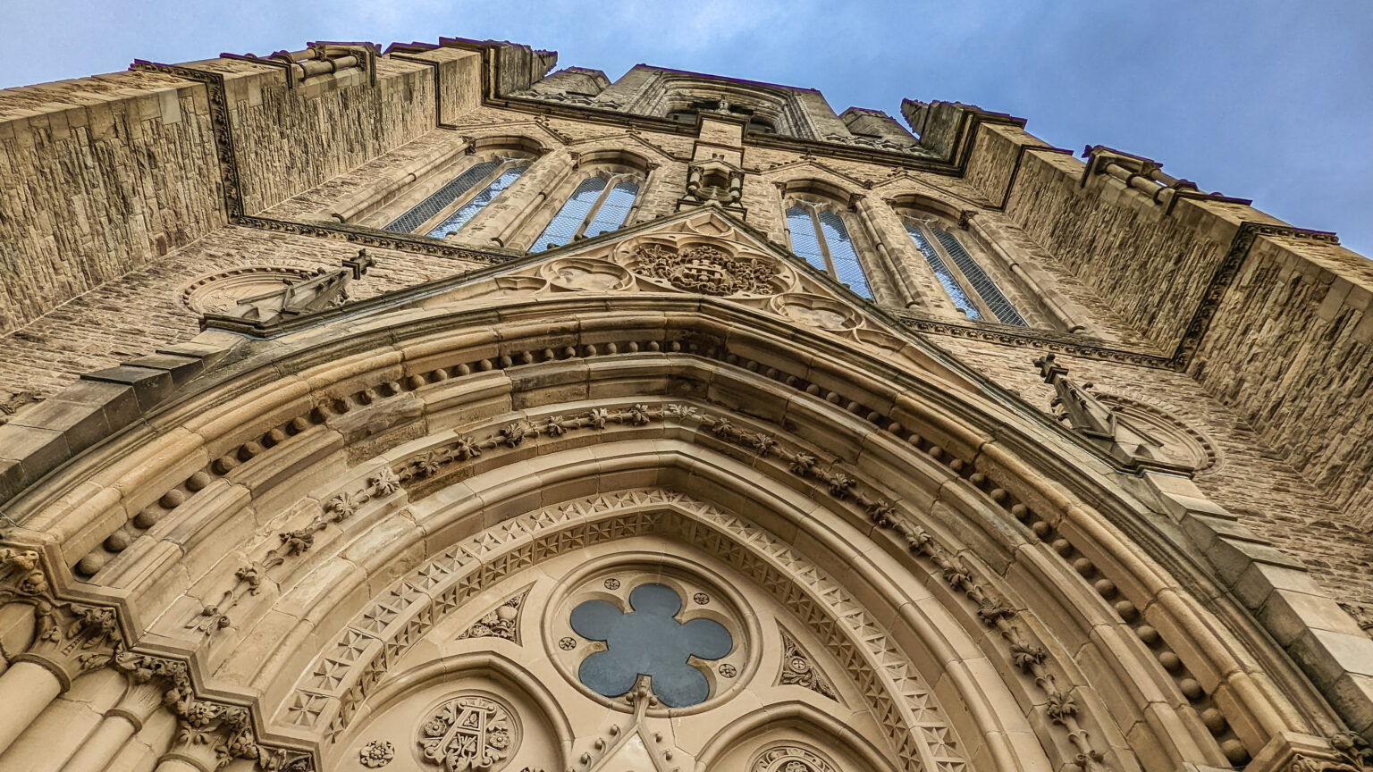 A street view of the front tower of the Holy Name Church on Oxford Road in Manchester