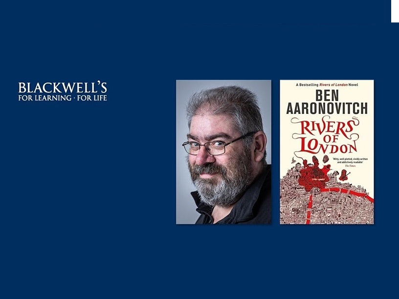 Author Ben Aaronovitch and the cover of his book Rivers of London.
