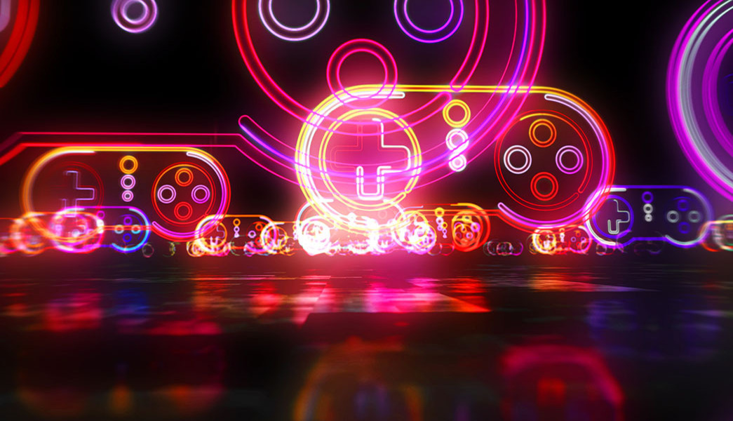 Neon coloured artwork for The Manchester Video Game Orchestra play Oxford Road Corridor this Feburary