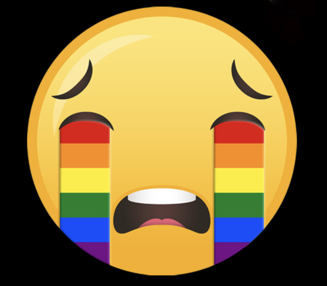 A crying emoji with rainbow colour tears, the logo for The Most Depressing Pride of My Life Tears For Queers