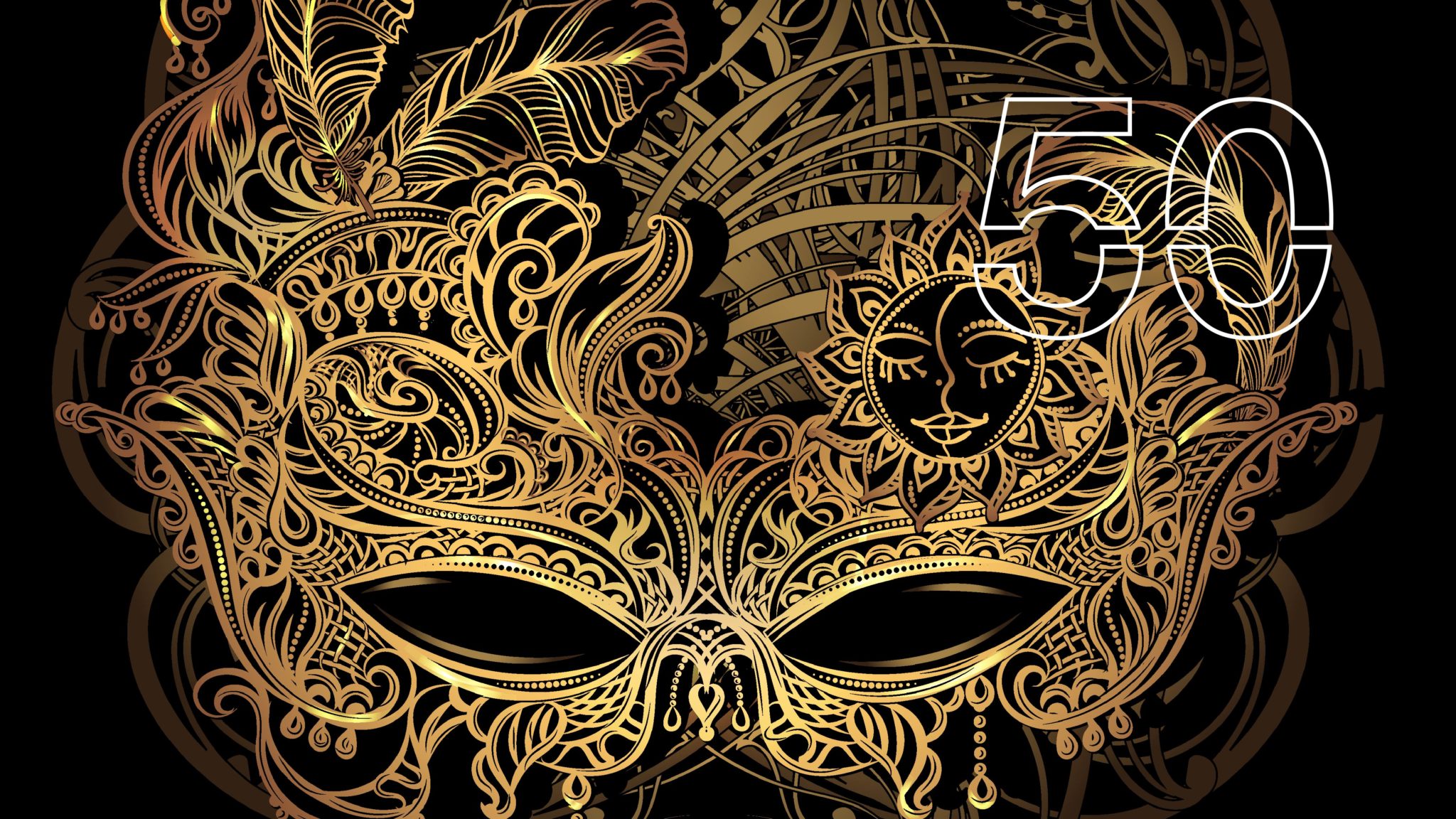 Die Fledermaus at RNCM artwork, a golden eye mask on black background